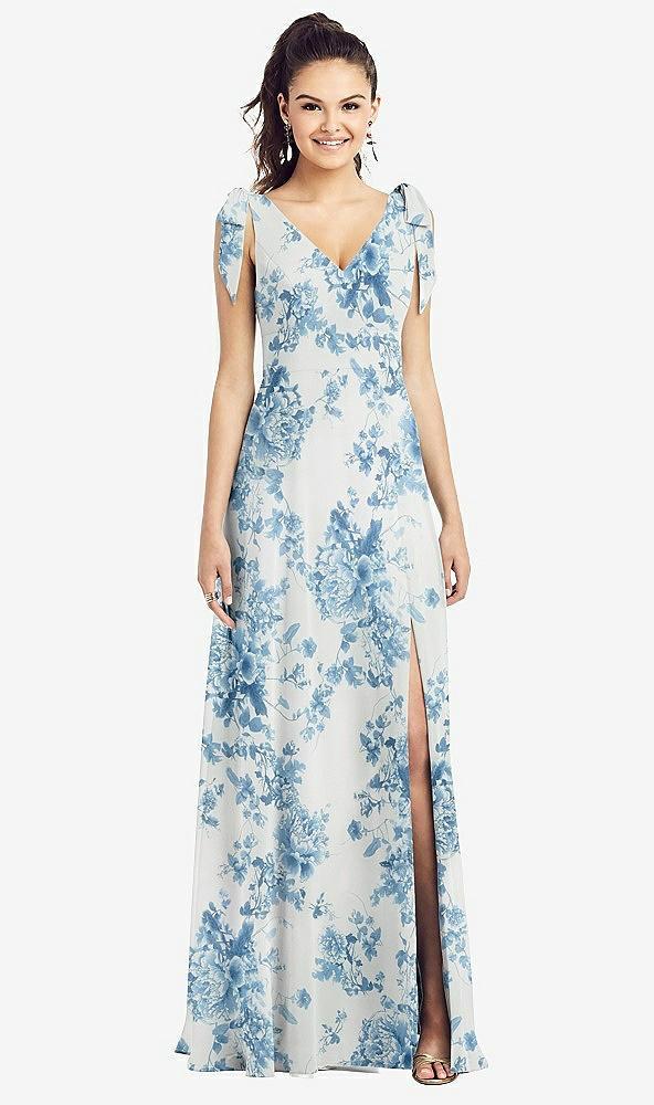 bow-shoulder v-back chiffon gown with front slit