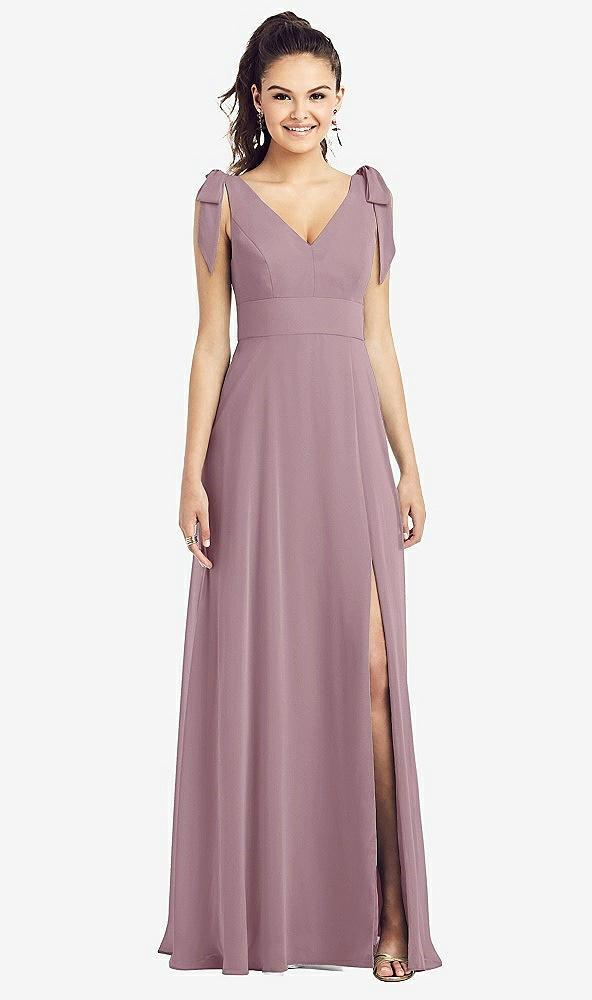 bow-shoulder v-back chiffon gown with front slit