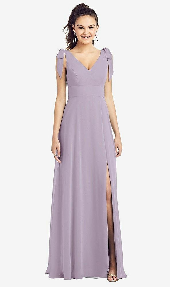bow-shoulder v-back chiffon gown with front slit
