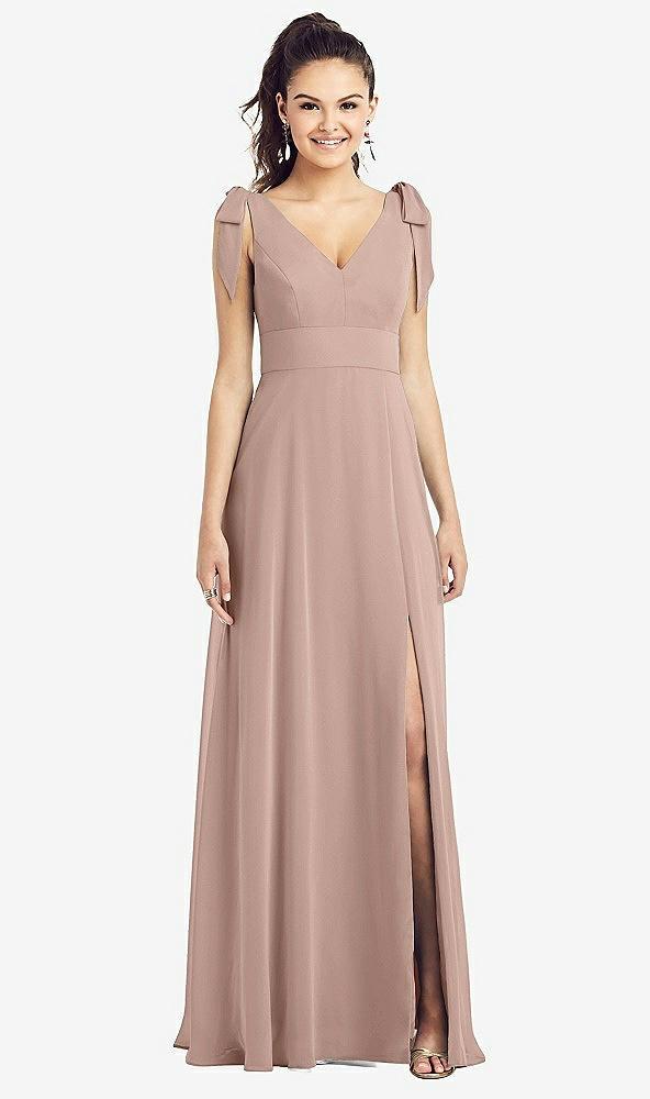 bow-shoulder v-back chiffon gown with front slit