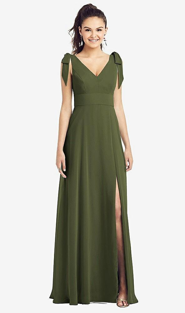 bow-shoulder v-back chiffon gown with front slit