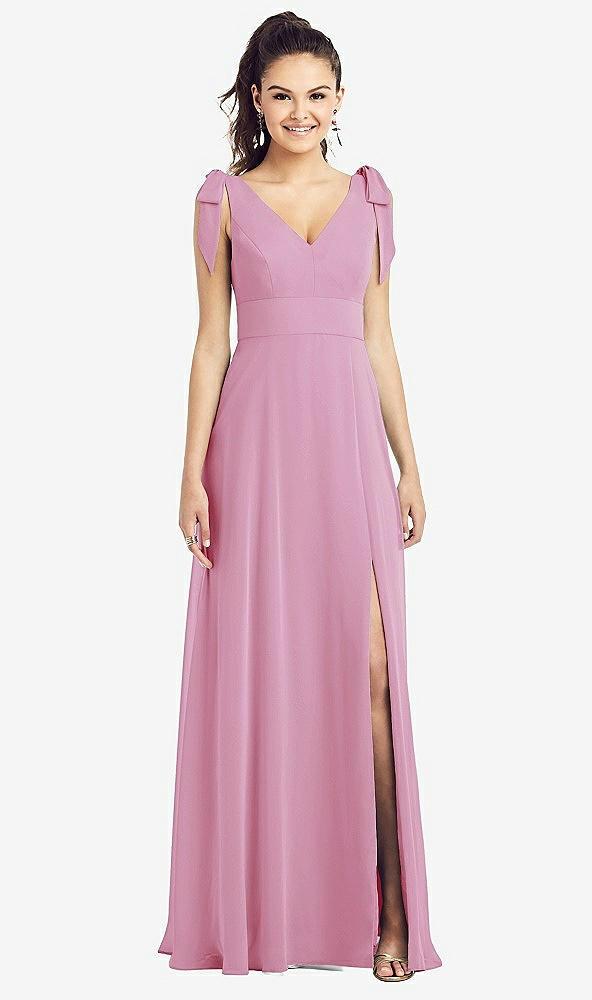 bow-shoulder v-back chiffon gown with front slit