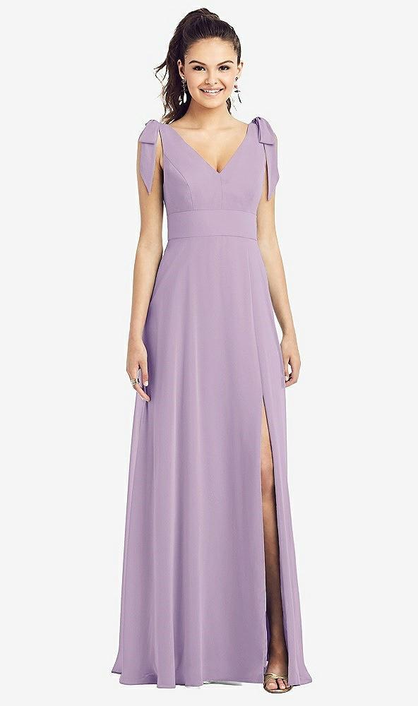 bow-shoulder v-back chiffon gown with front slit