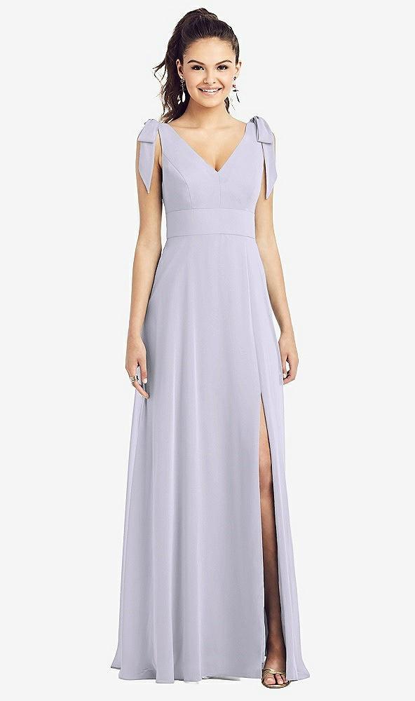 bow-shoulder v-back chiffon gown with front slit
