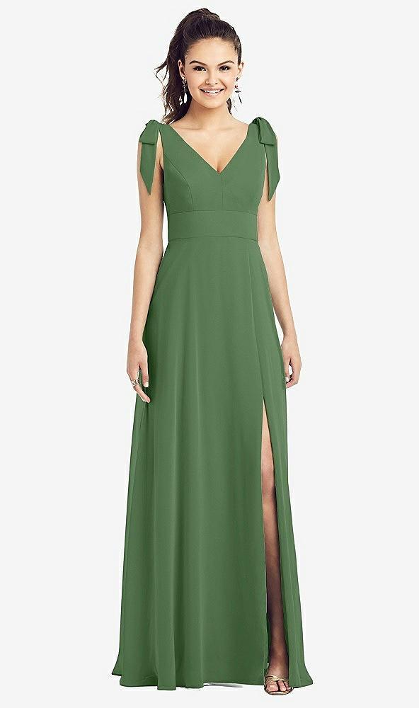 bow-shoulder v-back chiffon gown with front slit
