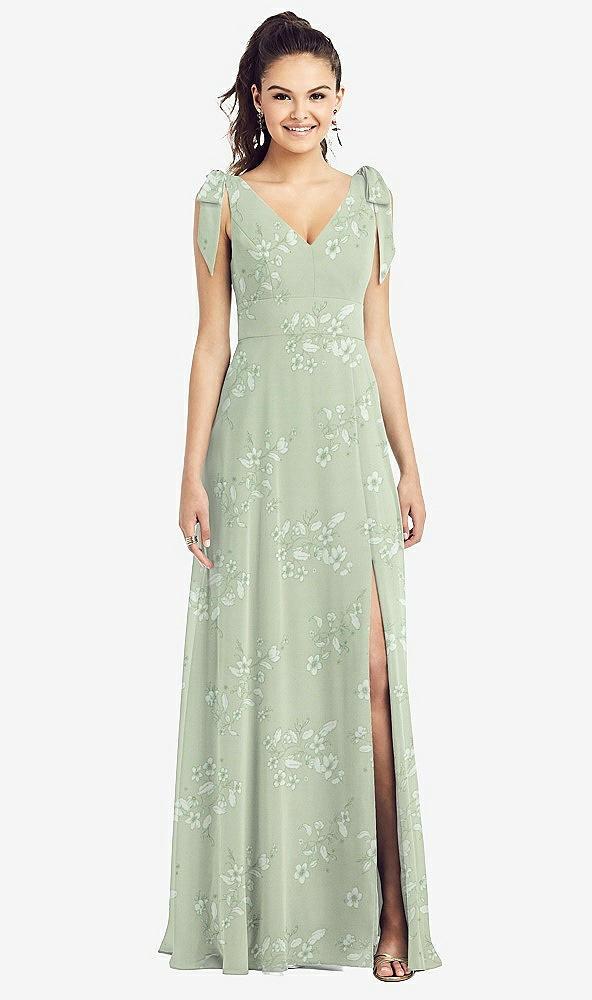 bow-shoulder v-back chiffon gown with front slit