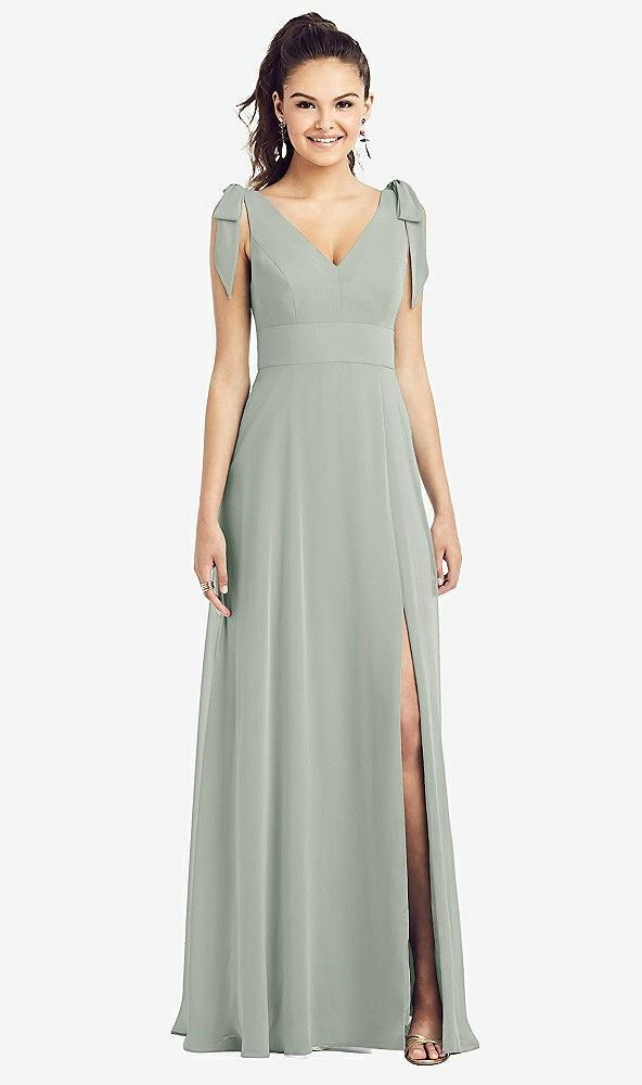 bow-shoulder v-back chiffon gown with front slit