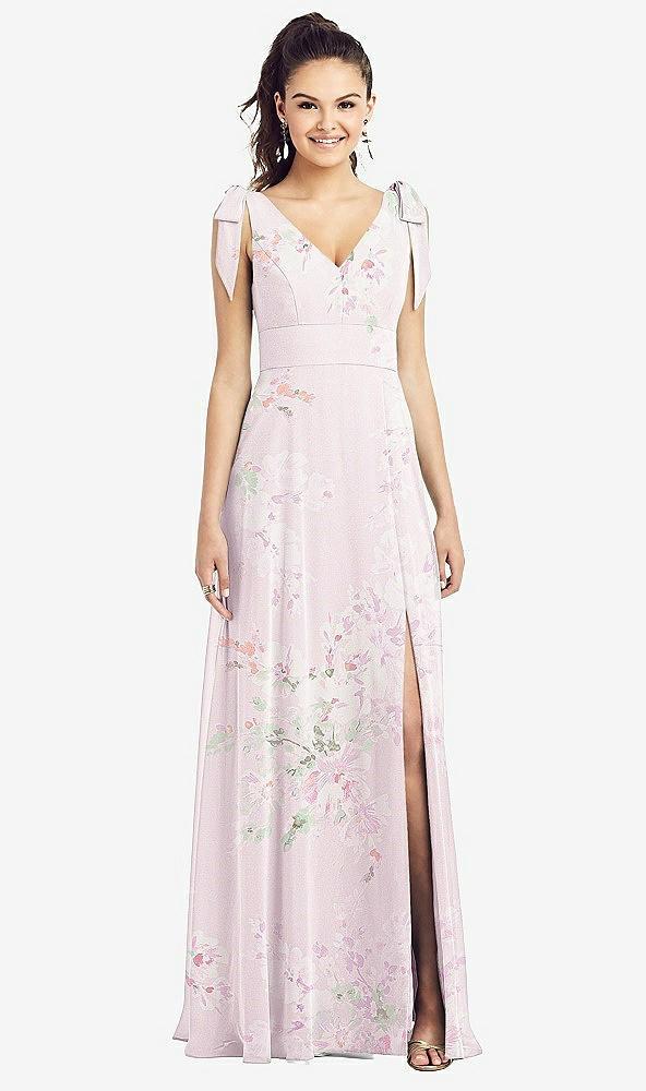 bow-shoulder v-back chiffon gown with front slit