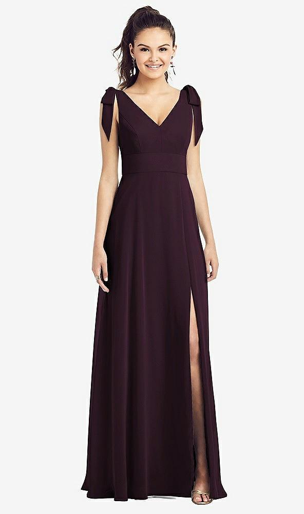 bow-shoulder v-back chiffon gown with front slit