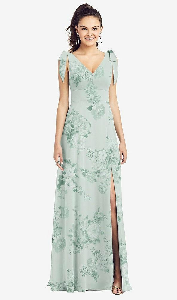 bow-shoulder v-back chiffon gown with front slit
