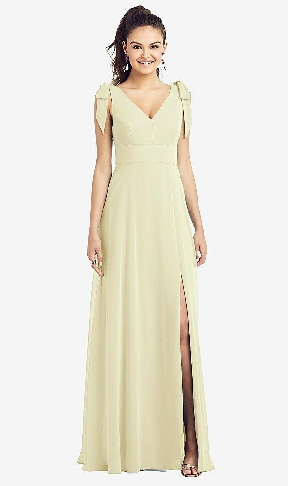 bow-shoulder v-back chiffon gown with front slit
