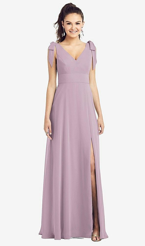 bow-shoulder v-back chiffon gown with front slit