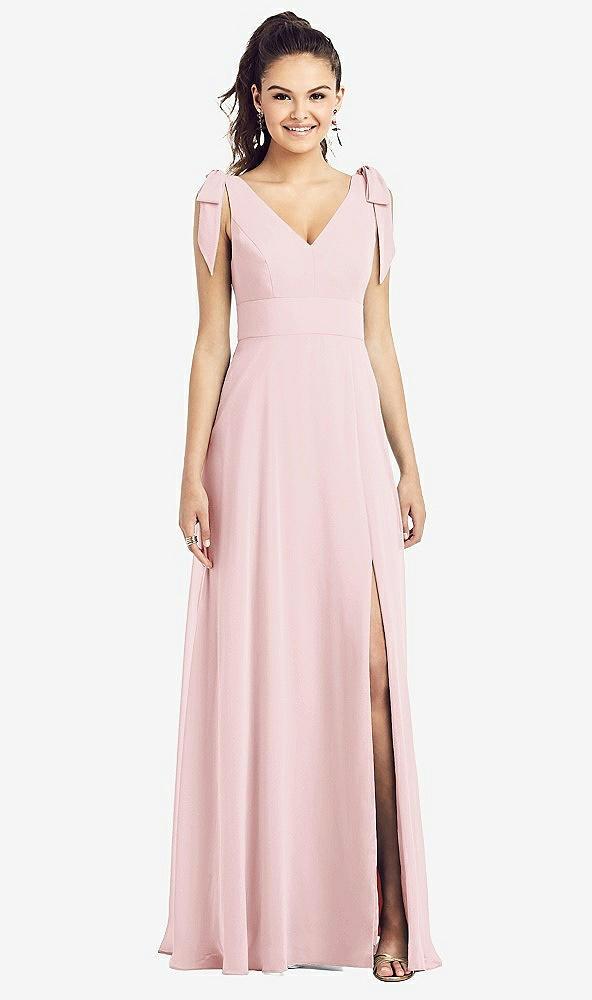 bow-shoulder v-back chiffon gown with front slit