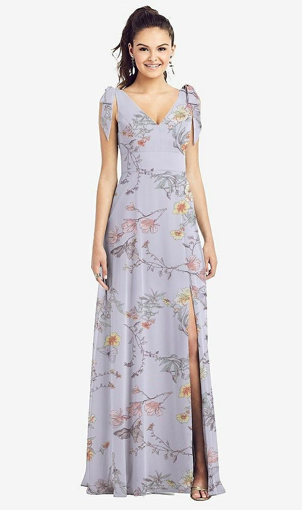 bow-shoulder v-back chiffon gown with front slit