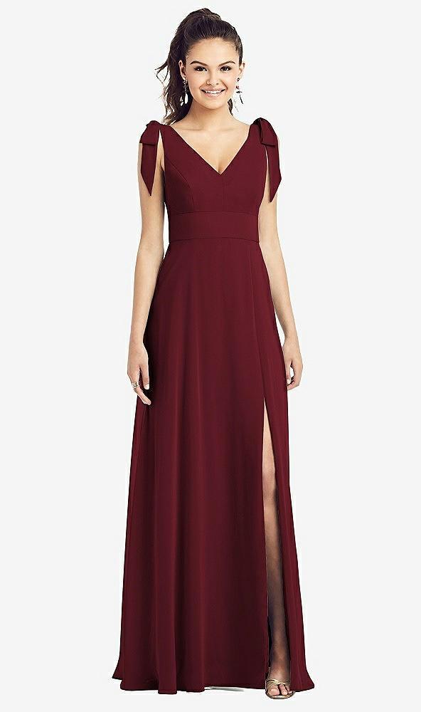 bow-shoulder v-back chiffon gown with front slit