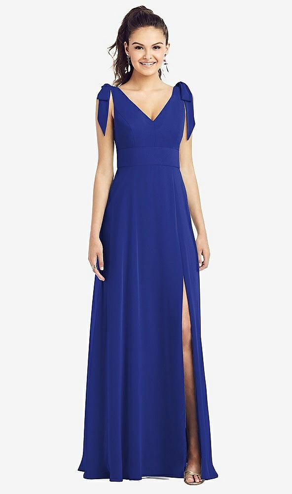bow-shoulder v-back chiffon gown with front slit