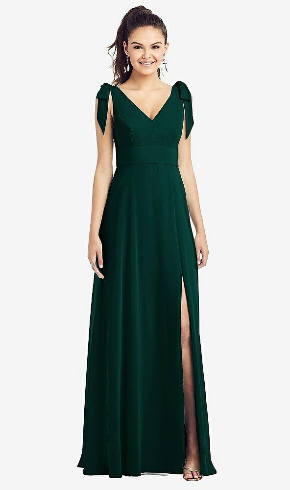 bow-shoulder v-back chiffon gown with front slit