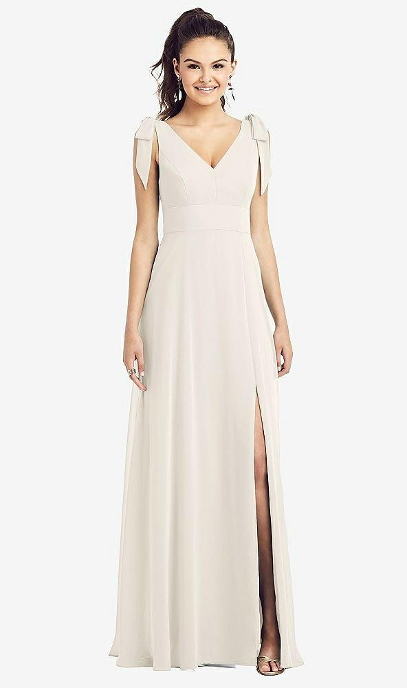 bow-shoulder v-back chiffon gown with front slit
