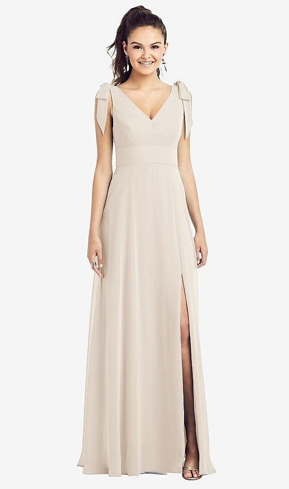 bow-shoulder v-back chiffon gown with front slit