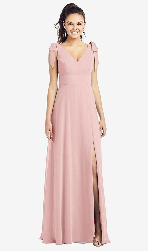 bow-shoulder v-back chiffon gown with front slit