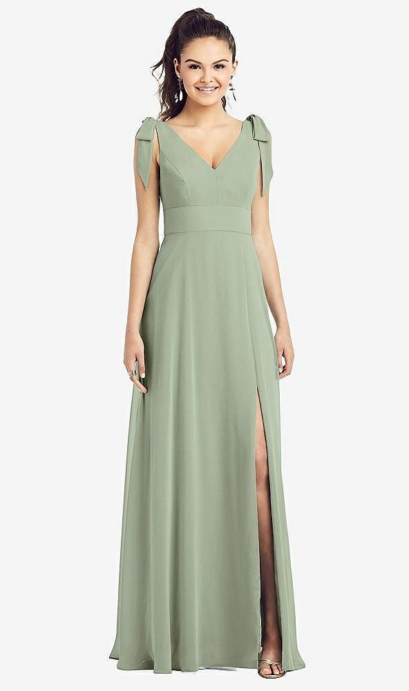 bow-shoulder v-back chiffon gown with front slit