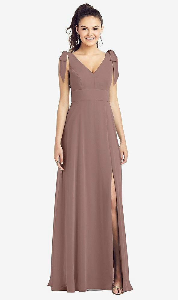 bow-shoulder v-back chiffon gown with front slit