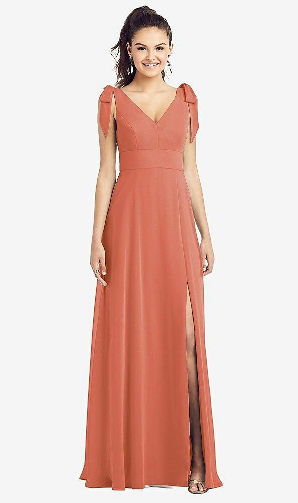 bow-shoulder v-back chiffon gown with front slit