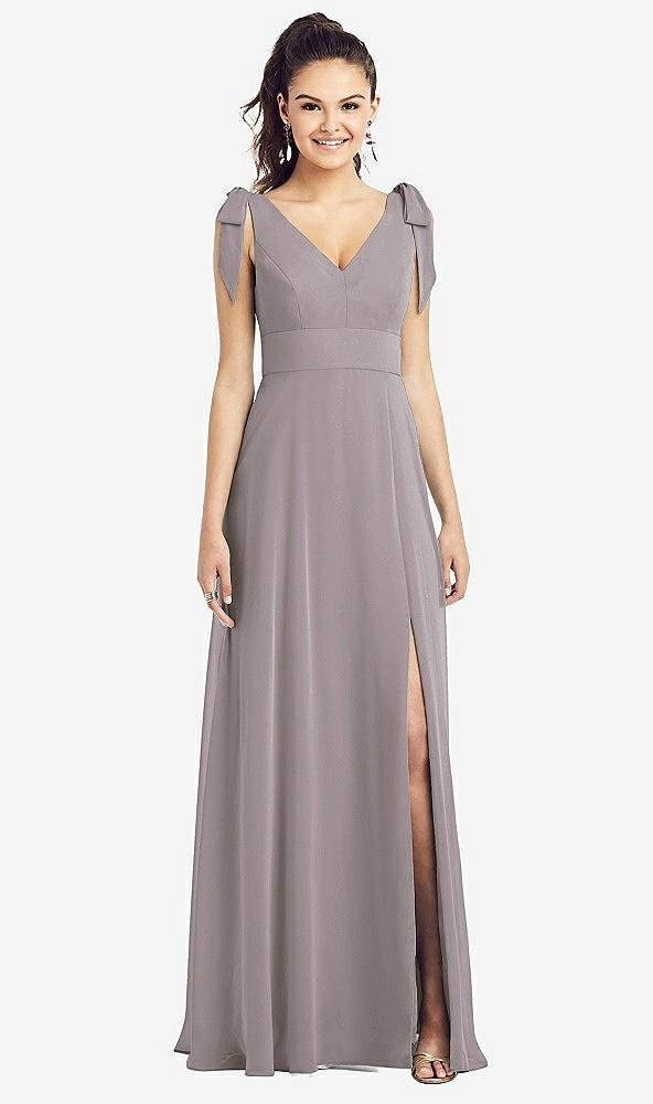 bow-shoulder v-back chiffon gown with front slit