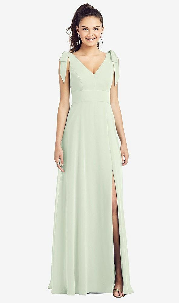 bow-shoulder v-back chiffon gown with front slit