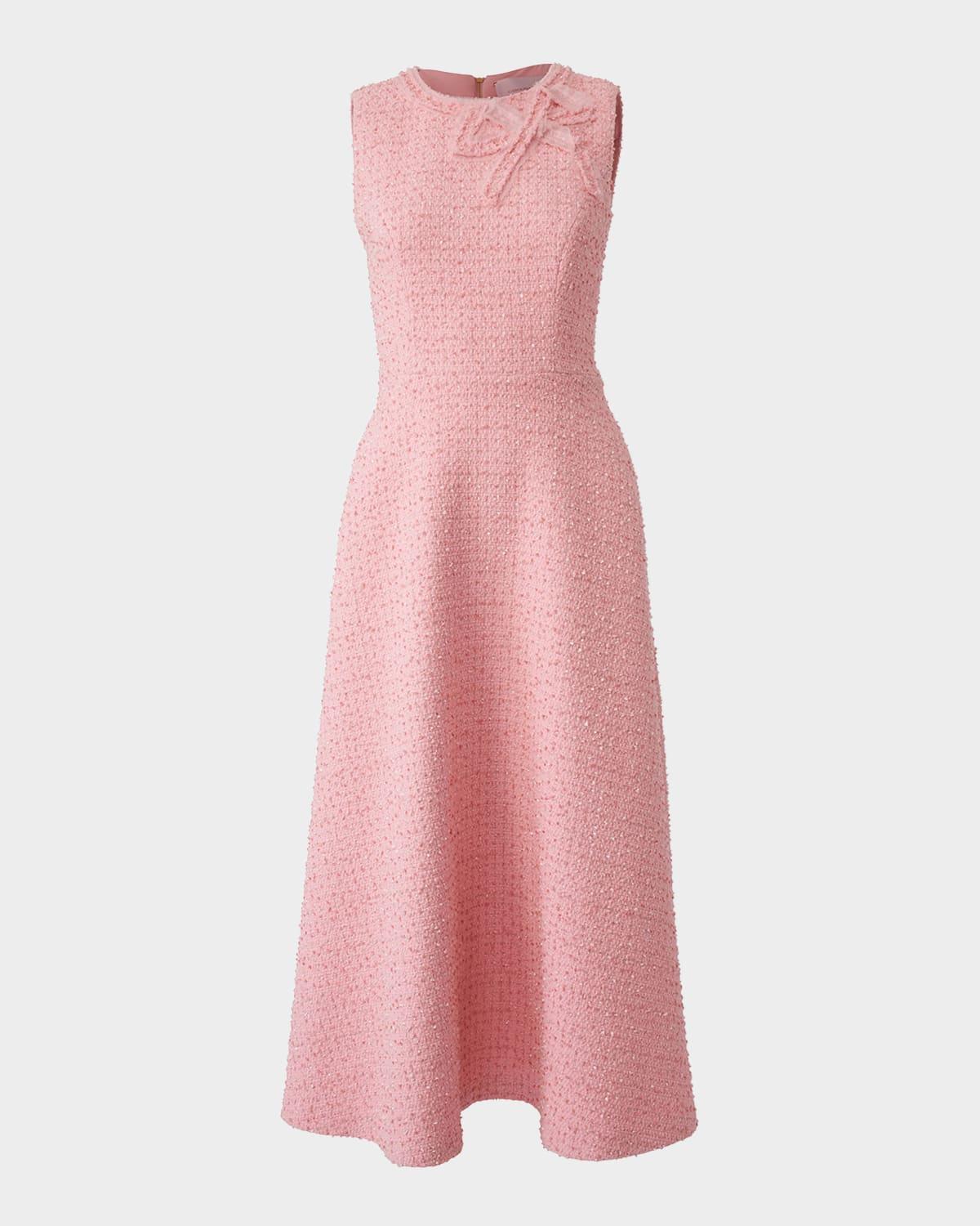 bow sleeveless tweed a-line midi dress