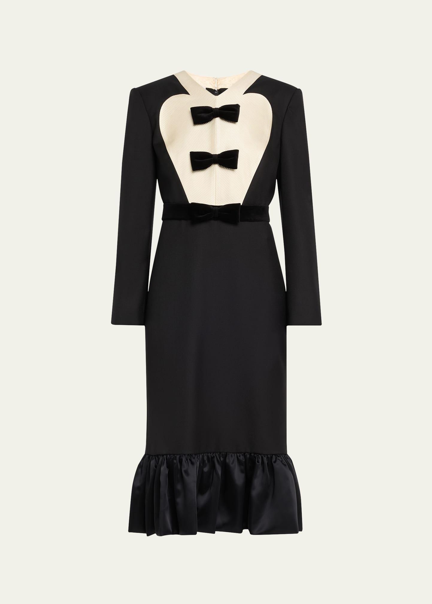 bow tuxedo ruffle midi dress