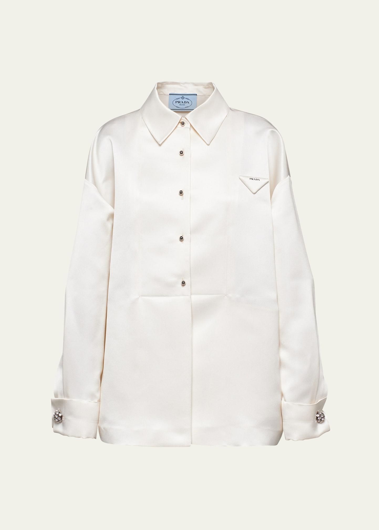 boxy crystal button satin double shirt