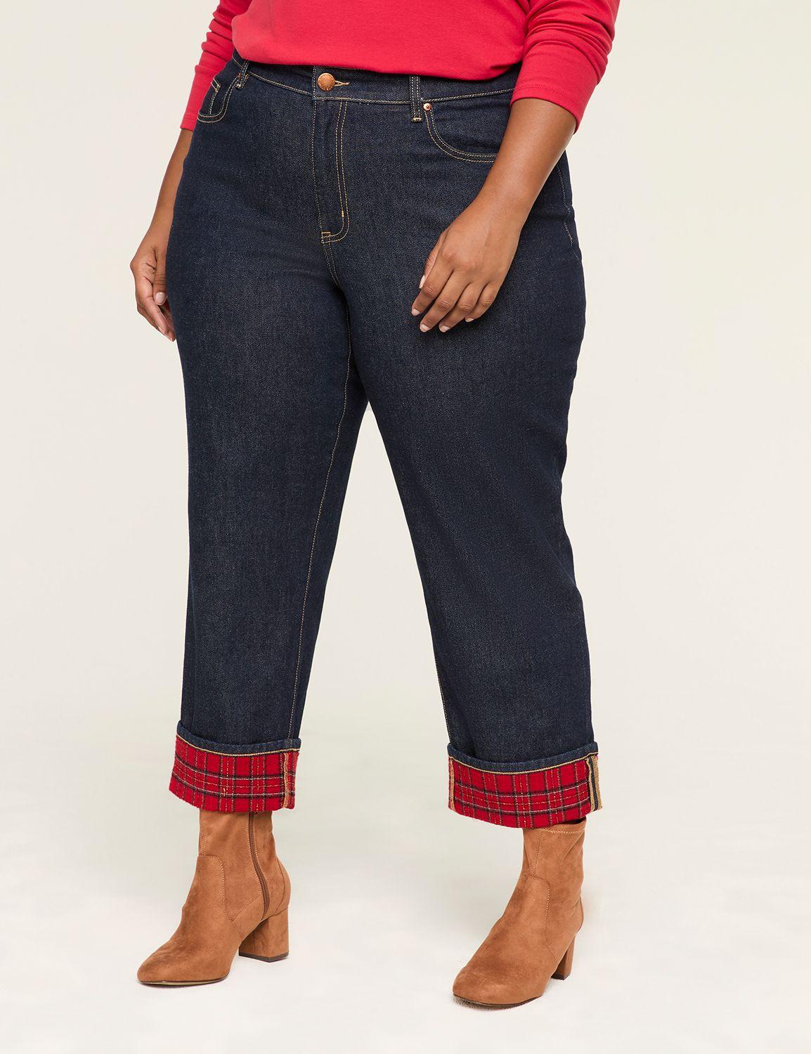 boyfriend fit jean with lurex shimmer plaid cuff