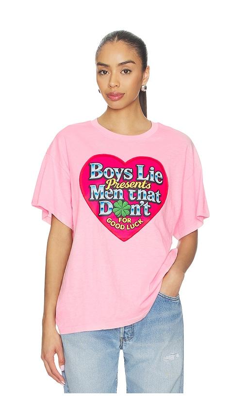 boys lie boys lie men don't boyfriend tee in pink.
