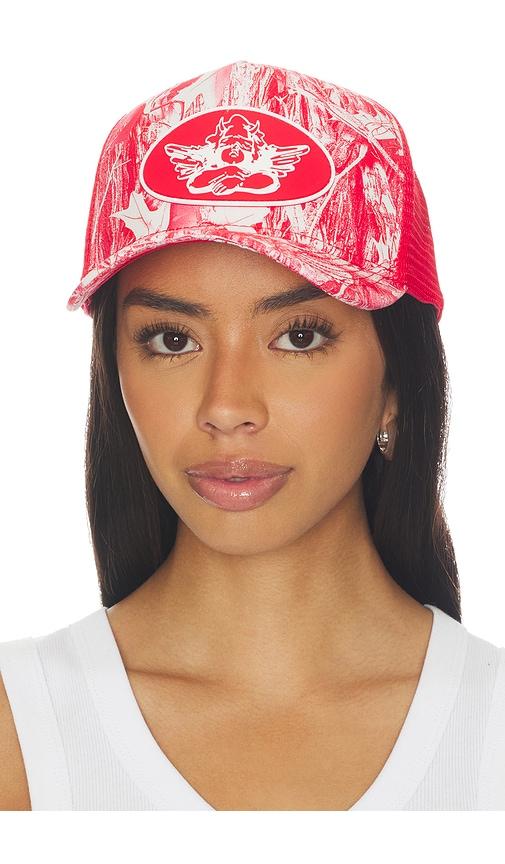 boys lie red camo manhunt trucker hat in red.