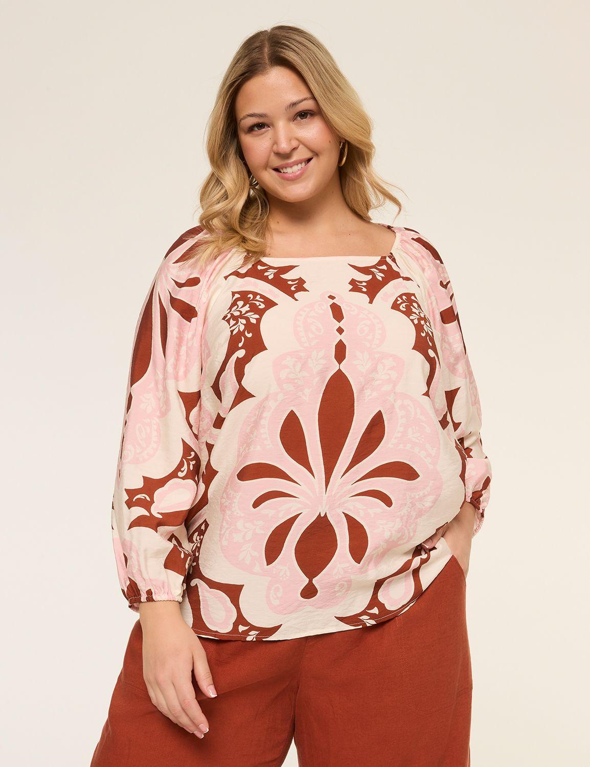 bracelet-sleeve square-neck popover blouse