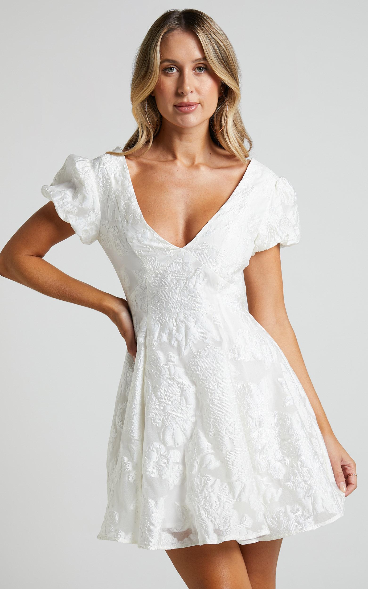 brailey jacquard mini dress - puff sleeve dress in white