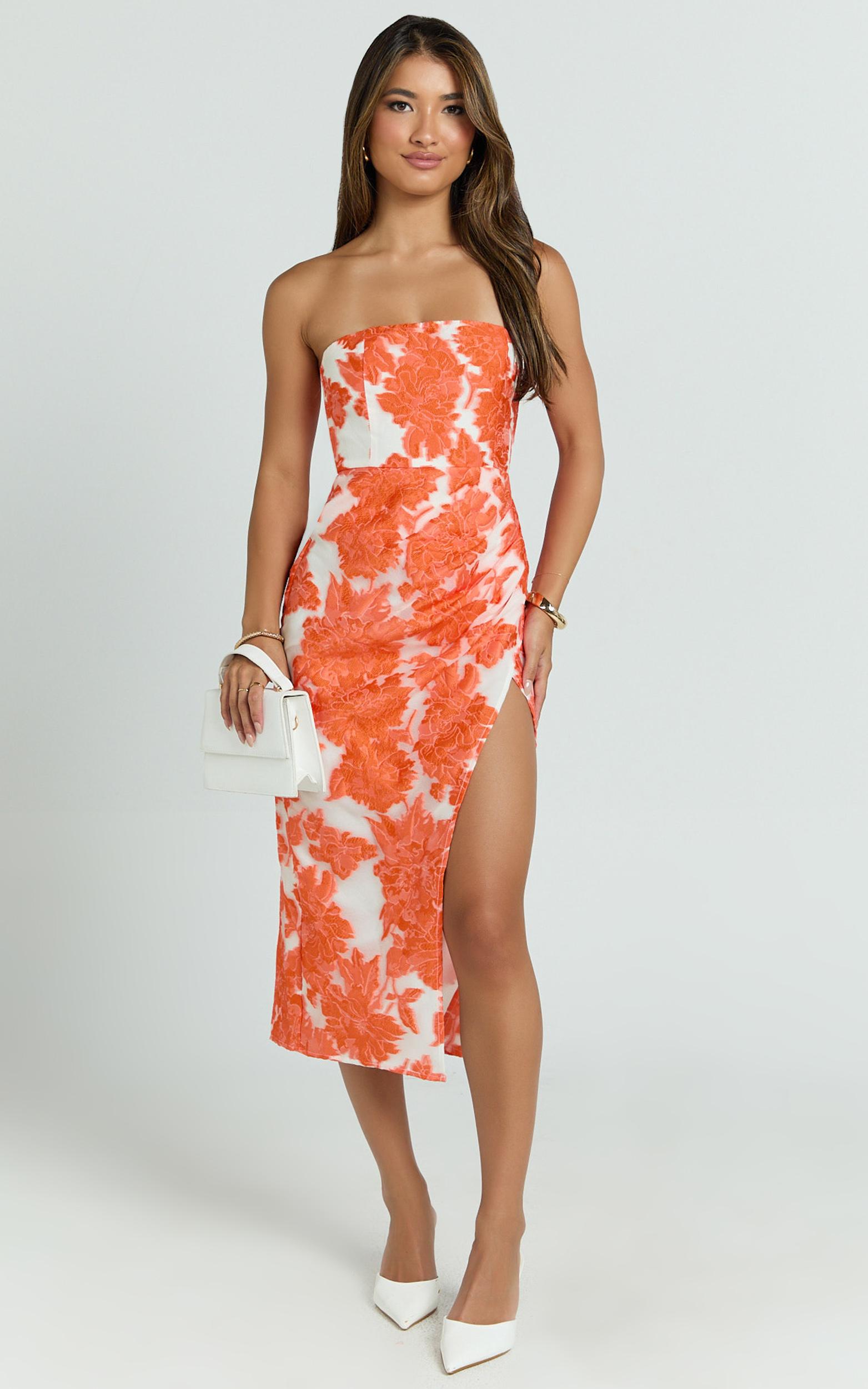 brailey midi dress - thigh split strapless dress in orange & white jacquard