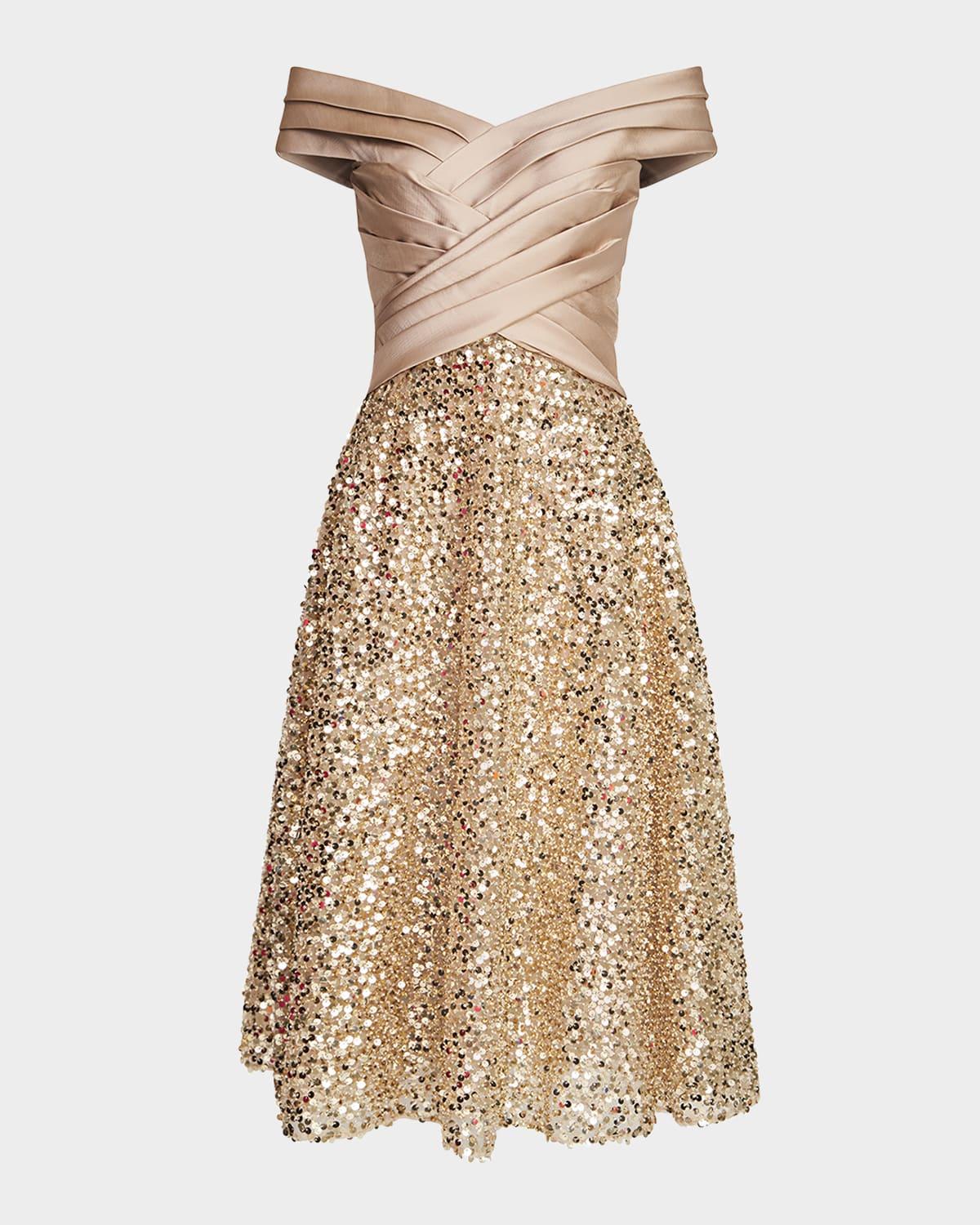 brandy off-shoulder pleated sequin midi dress