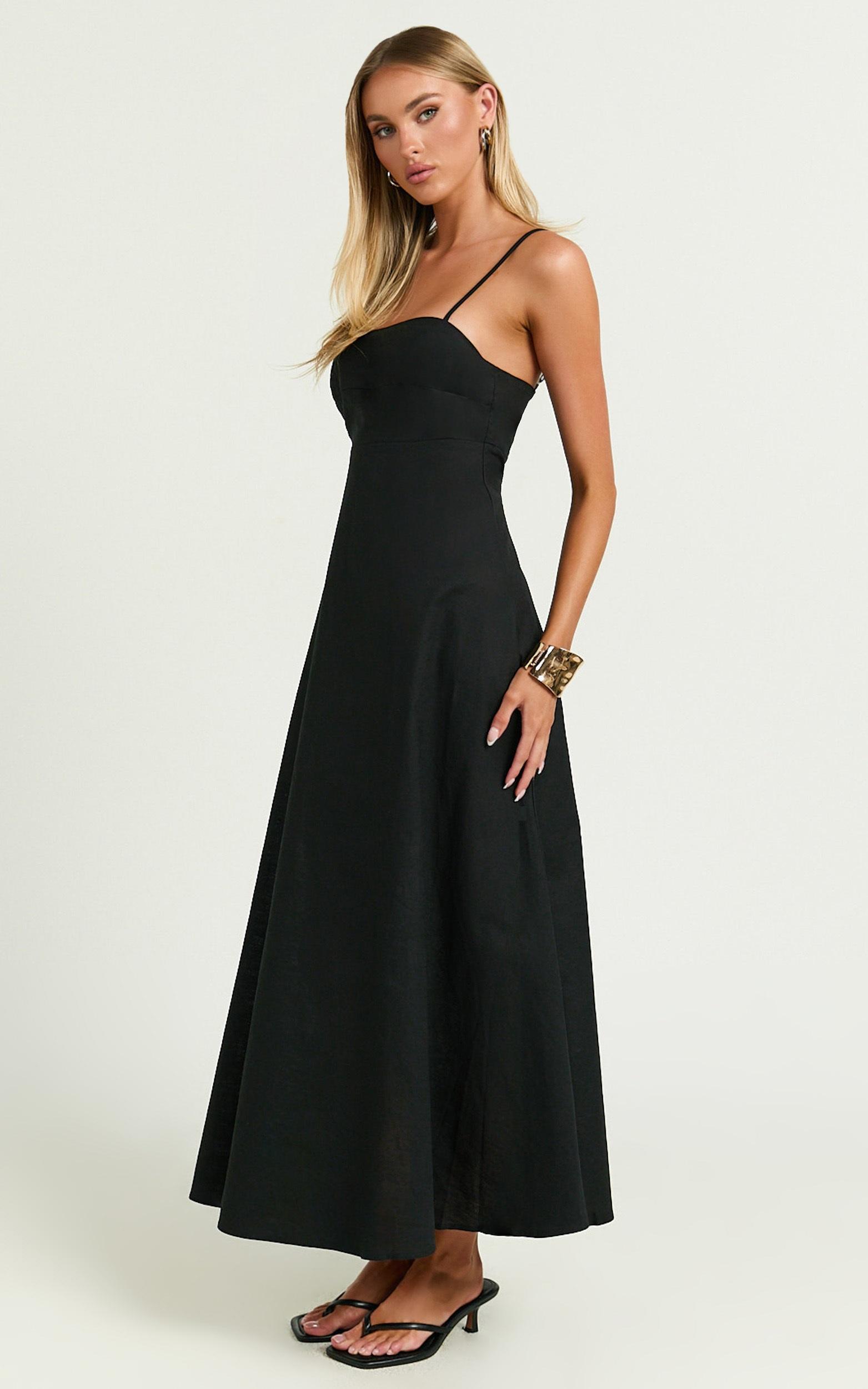 brette midi dress - linen straight neck strappy fit and flare dress in black