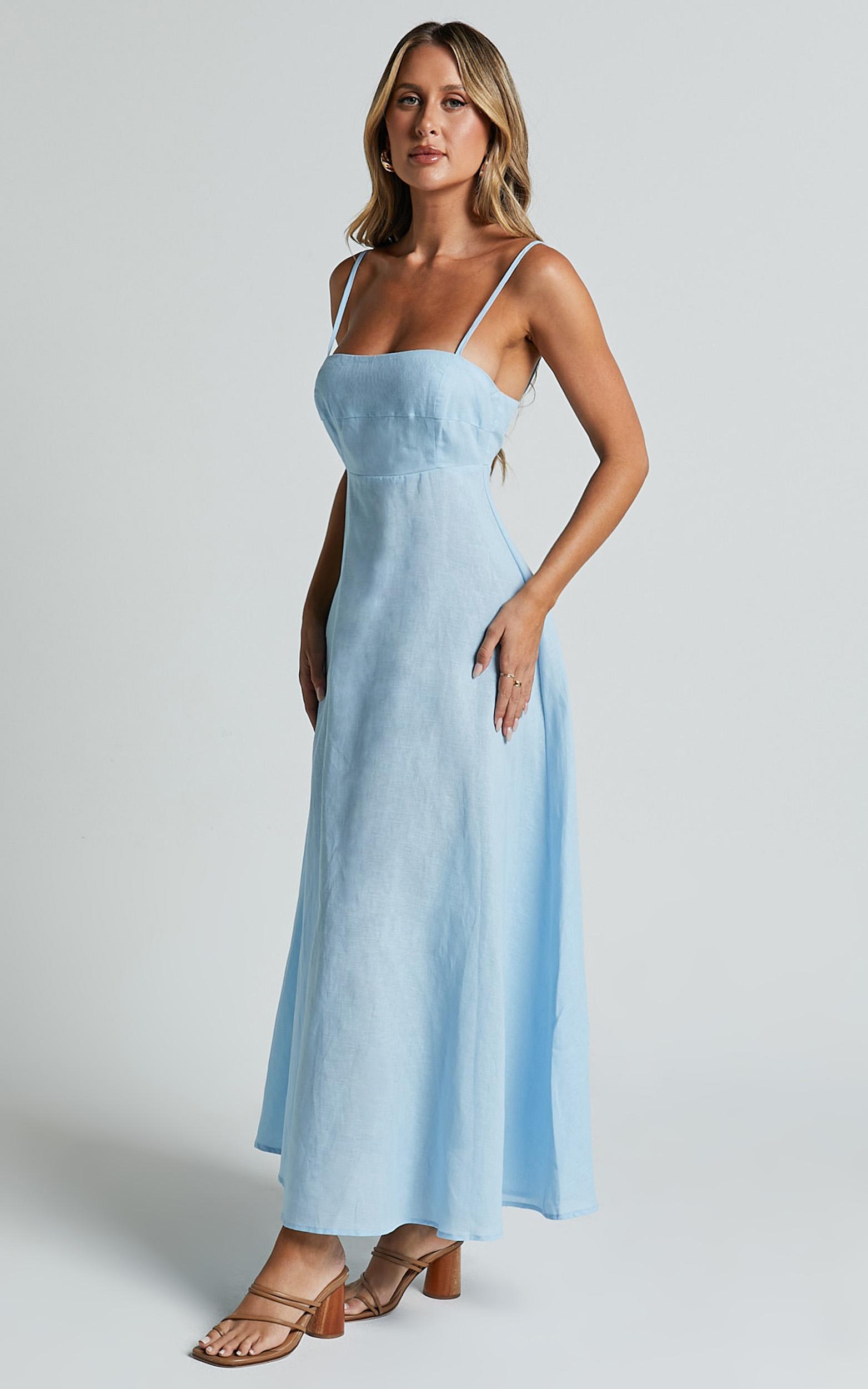 brette midi dress - linen straight neck strappy fit and flare dress in blue