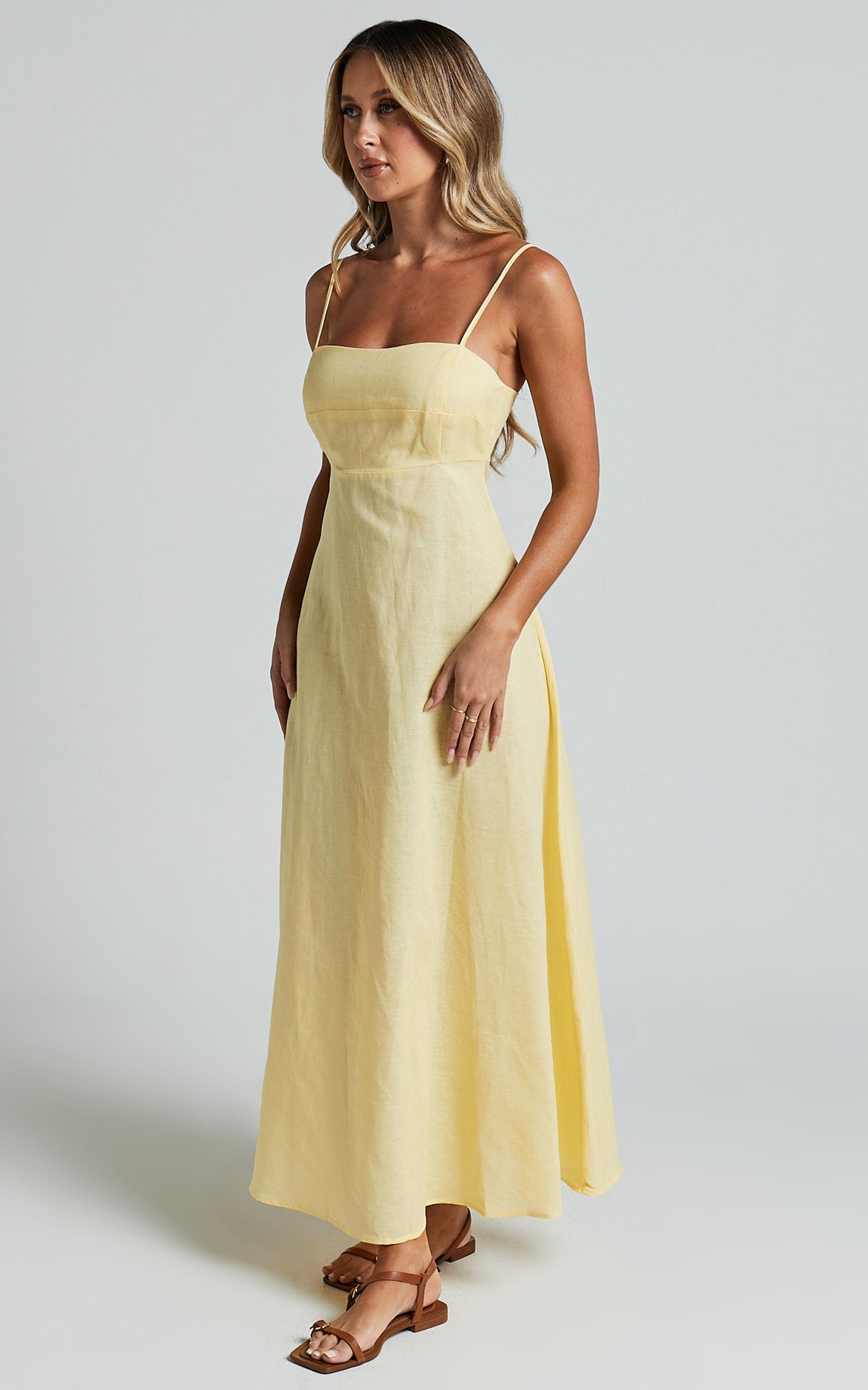 brette midi dress - linen straight neck strappy fit and flare dress in lemon