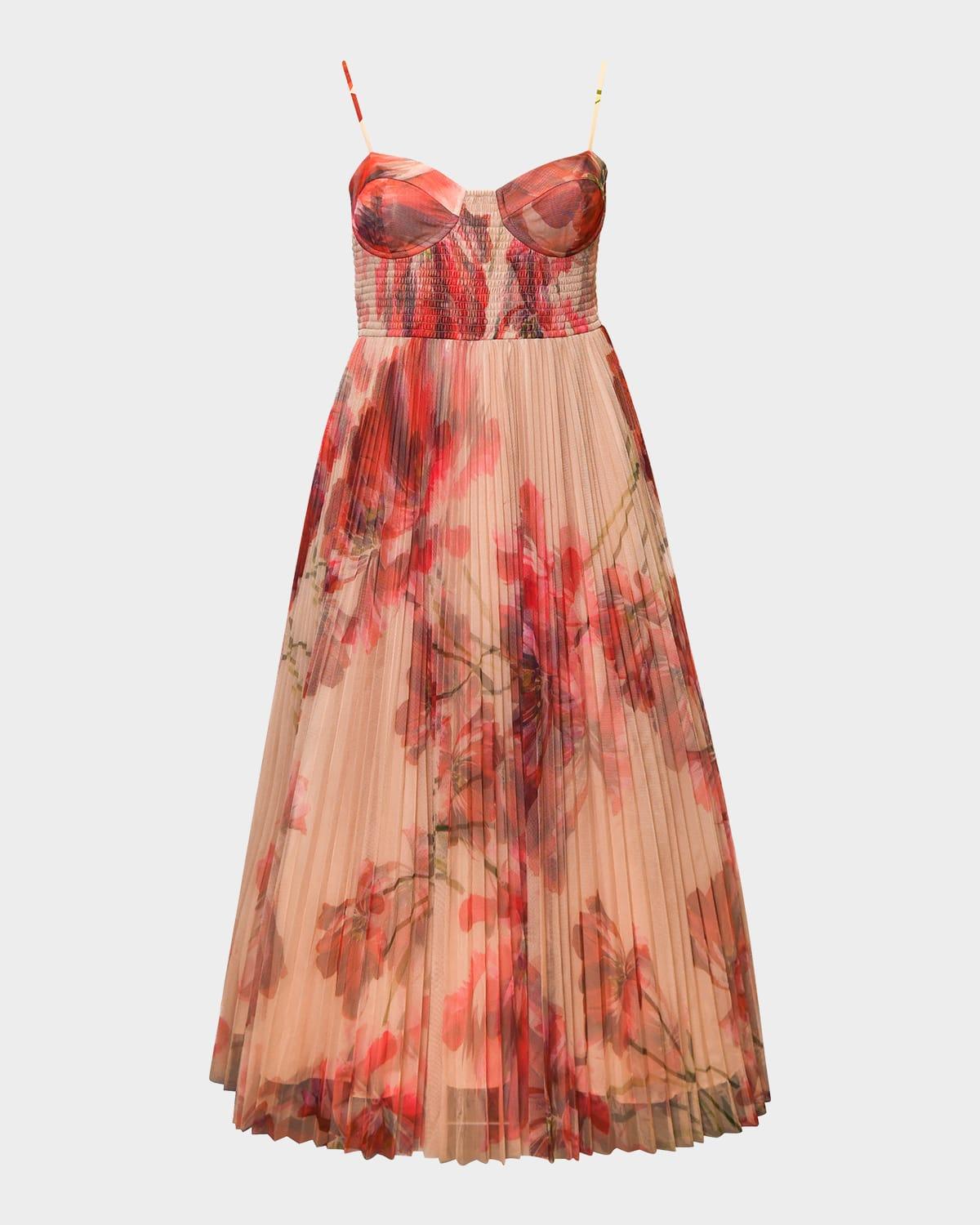 brianna pleated floral-print bustier gown