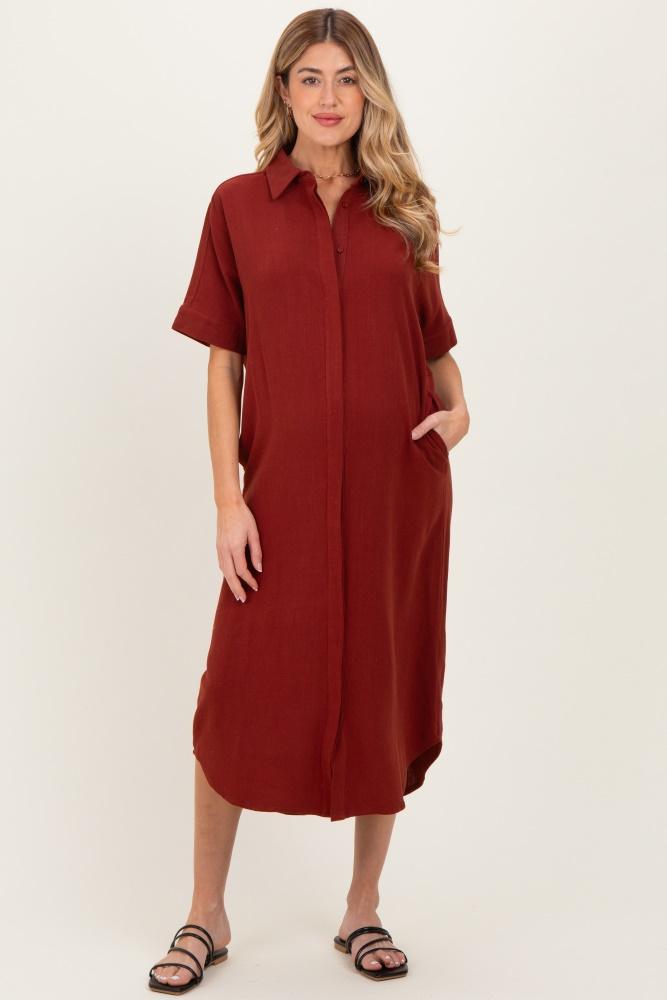 brick button down maternity midi shirt dress