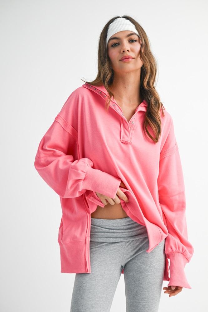 bright pink snap button pullover henley sweatshirt