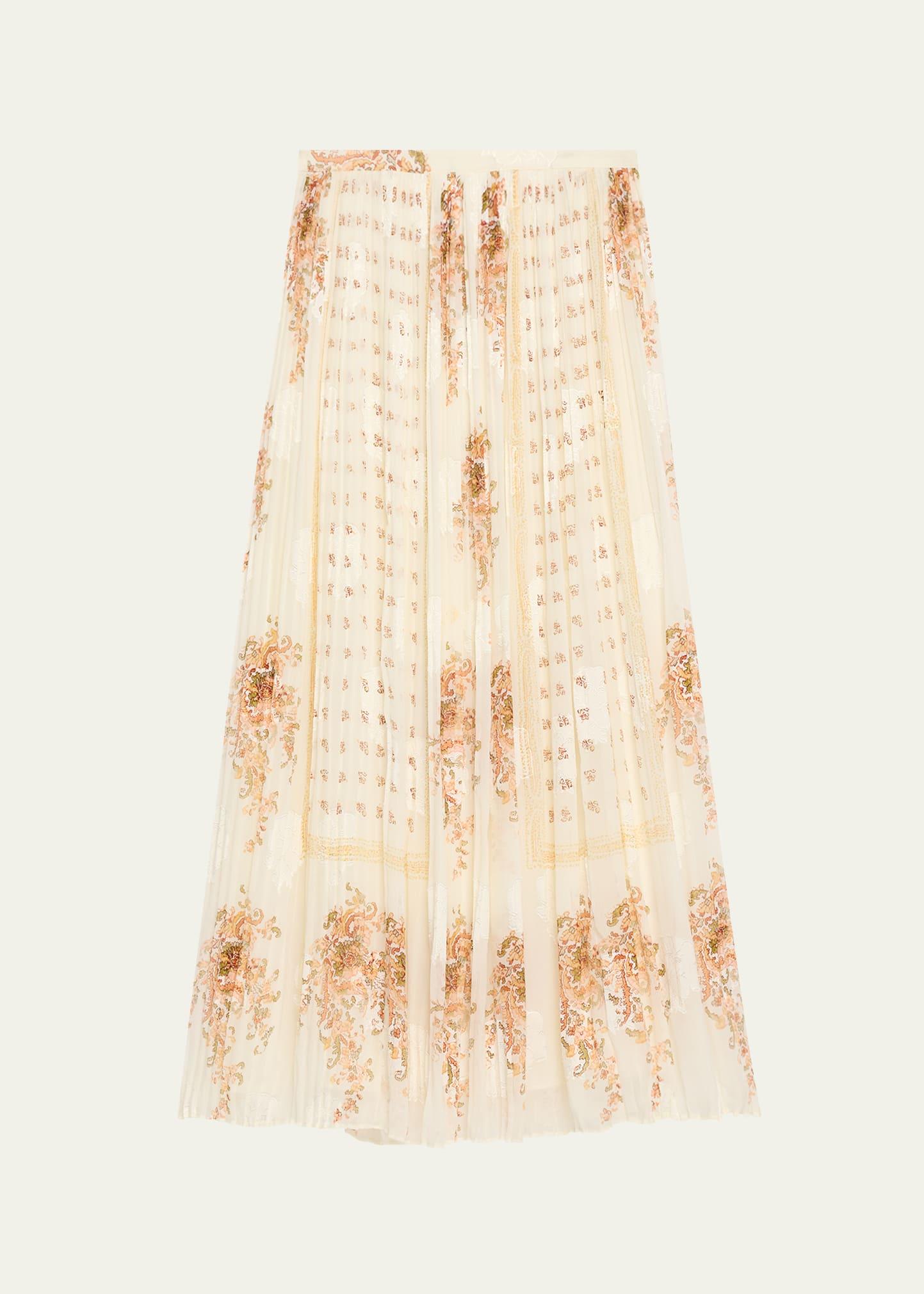 brion pleated floral silk lace midi skirt