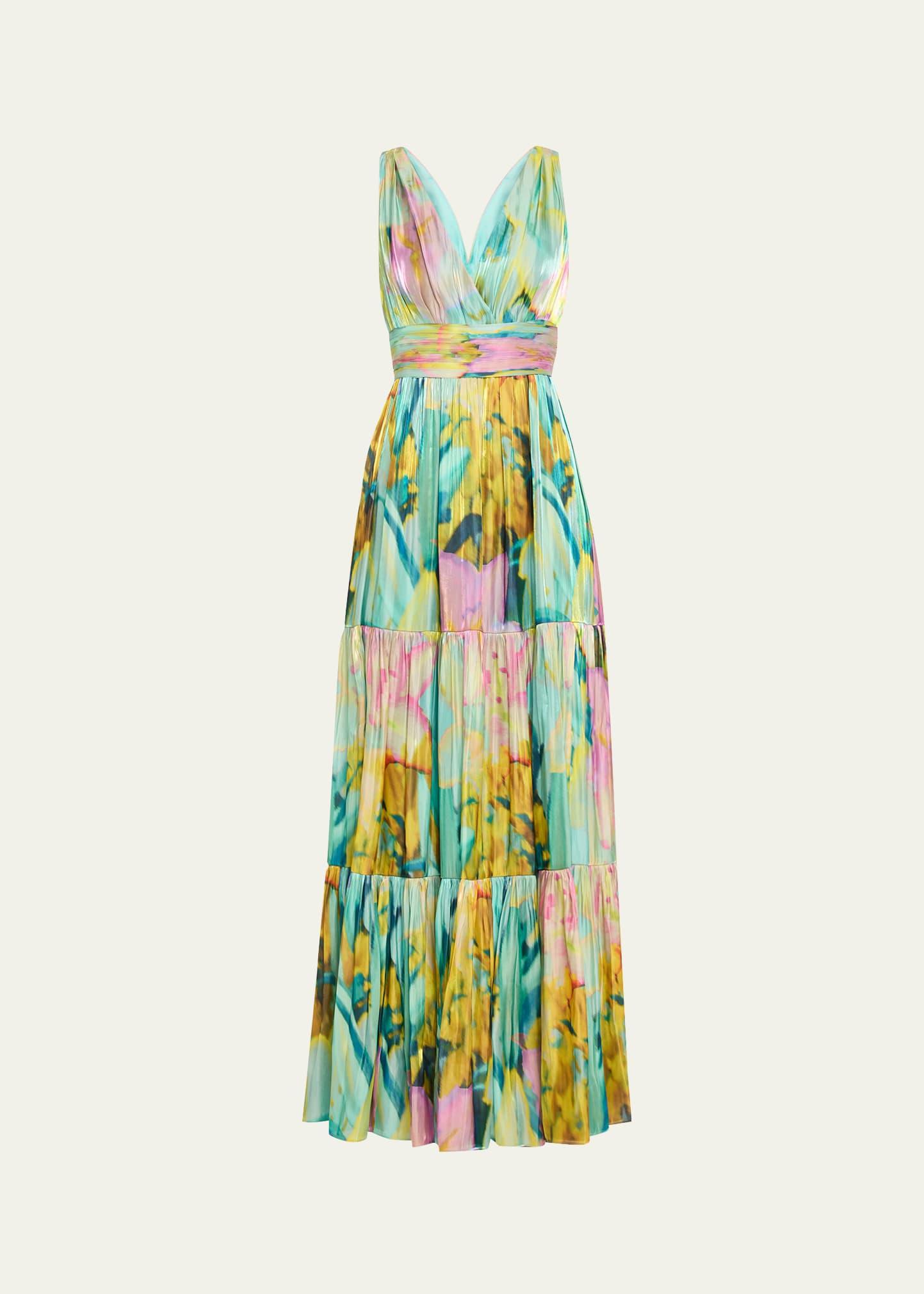 britt tiered metallic satin maxi dress