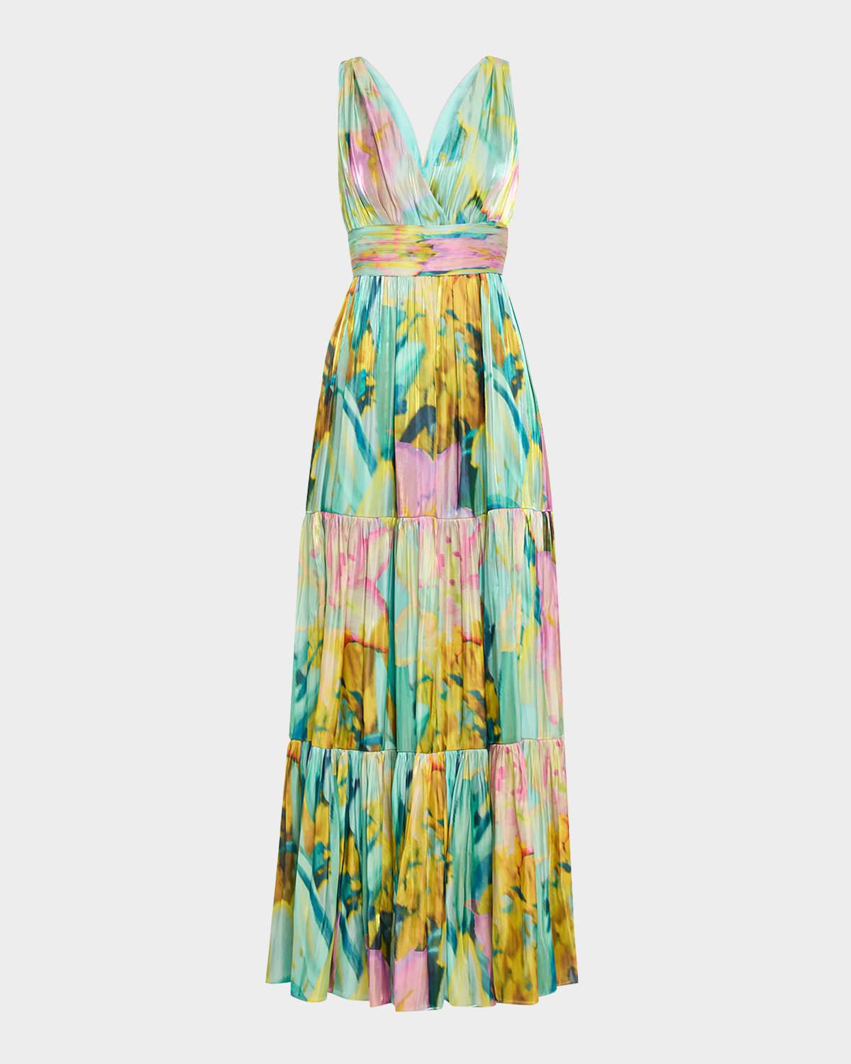 britt tiered metallic satin maxi dress