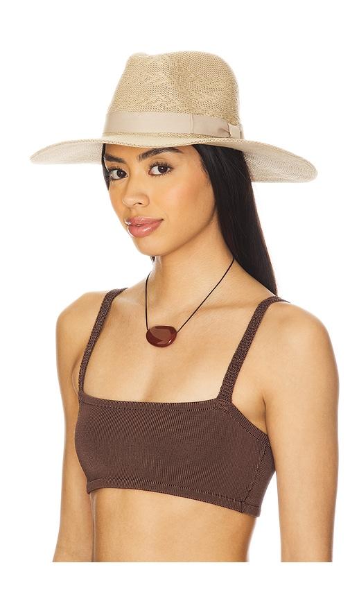 brixton lyons knit pattern packable hat in tan.