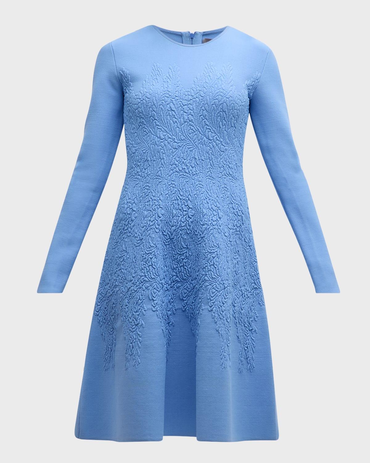 brocade long-sleeve fit-&-flare dress